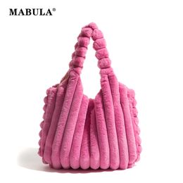 Evening Bags MABULA Candy Pink Pleated Faux Fur Tote Shopper Handbag Winter Trendy Women's Fluffy Shoulder Purse Soft Satchel Bag Daily 231121