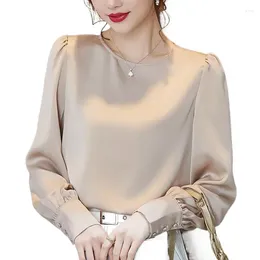Women's Blouses Spring Women O-neck Long Sleeve Ice Silk Shirt White Elegant Acetate Satin Solid Blouse Plus Size Tops Blusas