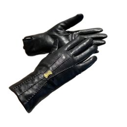 Women Brand Leather Gloves Metal Letter Five Fingers Gloves Autumn Winter Warm Cashmere Mittens for Cycling Ski