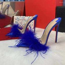 Fashion Summer Doris Sandals Fanny Women Slippers Mules High Heels Slides Female Gladiator Party Banquet Shoes with Feathers Fur
