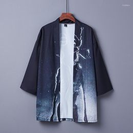 Men's Jackets #5024 Summer Printed Jacket Men Open Stitch Harajuku Streetwear Kimono Mens Coats And Loose Thin Sunscreen Black