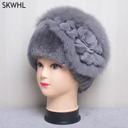 BeanieSkull Caps Winter Women 100Natural Rex Rabbit Fur Cap Lady Warm Good Elastic Real Hats Beanies 231120