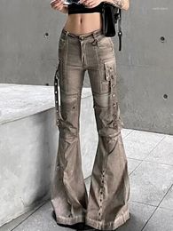 Women's Jeans Women Flare With Rivet Eyelet Ribbon Denim Pant Y2k Harajuku Cargo Pocket Slight Bootcut Bell Bottom Punk Gothic Grunge