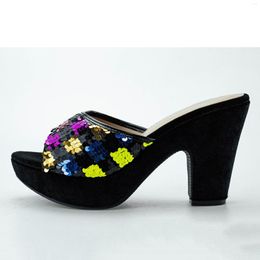 Dress Shoes Sequin Women Mules 3CM Platform Chunky High Heels Square Heeled Sexy Sandals Ladies Pumps Women's Party