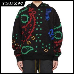 Designer Clothing Mens Hoodies Rhude Jacquard Waist Fruit Flower Loose High Street Unisex Fashion Trend Hooded Sweater Pullover Casual Coats Outerwear