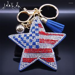 Keychains Cute Star Shape Car Bag Accessories Shinny Crystal Alloy Rhinestone Tassel Key Chain National American Flag Keyring Jewellery Gift