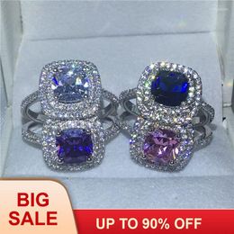 Wedding Rings 4 Colors Gems Anniversary Band Ring For Women Cushion Cut 3ct 5A Zircon Crystal Silver Color Bijoux