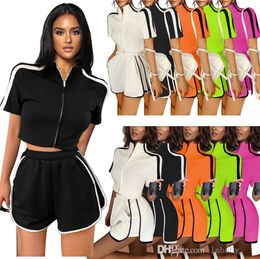 Tracksuit Women Summer Casual Sweatsuit Solid Color Short Sleeve Zipper Stripe Jacket Shorts Fashion Two Piece Set Sportswear Suit