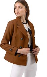 Winter Jacket Women Flat Barge Collar Double-breasted Short Solid Color Slim Warm Pea Coat 16HLLJ