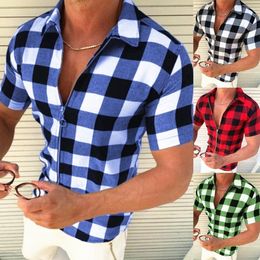 Men's Casual Shirts Short Sleeve Lapel Plaid Zip Shirt Top Slim Fit Fashion Cardigan 230421