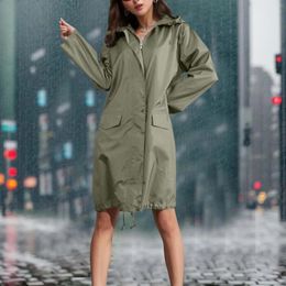 Women's Jackets Womens Long Rain Jacket With Hood Lightweight Sleeve Windbreaker Zip Up Drawstring Pockets Coat