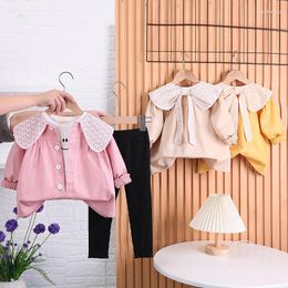 Clothing Sets Girls Cute Three Piece Set Autumn 2023 Fashionable School Children's Mesh Collar Coat And Tshirt Pants