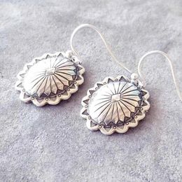 Hoop Earrings Vintage Ethnic Big Round Carved Flower Metal Women Jewellery Antique Silver Colour Handmade Hook Dangle Gift