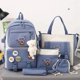 School Bags 5 Pcs Sets Women High Nylon Kawaii Girls Backpack Fashion Book Female With Plush Pendant Cute