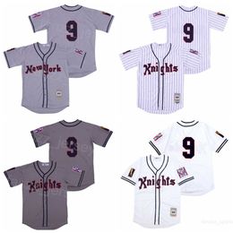 Movie Baseball New York NY Knights Jerseys 9 Roy Hobbs 1939 Retro Pinstripe White Team Colour Grey All Stitched Cool Base Breathable Pure Cotton College Cooperstown