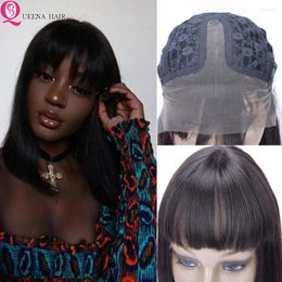 Straight Short Bob Human Hair Wigs For Black Women Brazilian Pre Plucked T Part Lace Front Wig With Bangs Remy 150%