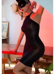 Casual Dresses Sleeveless Halter Backless Vestido Transparent Dress 8D Glossy Shiny Bodystocking Tights Package Hip Minifalda Sexy Lingerie