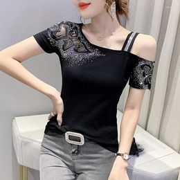 Women's T Shirts #7304 Black Red White Green Off Shoulder Tops For Women Spliced Mesh Sexy T-shirt Femme Diamonds Skinny Summer