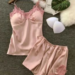 Senhoras verão seda cetim peito pad sleepwear lingerie sexy mulheres rendas pijamas bordados pijamas q0706 v02z #