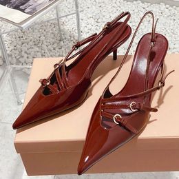 Designer shoes high heels shoe elegant sandals genuine leather women shoes solid color pointed toe buckle decor dance shoes trendy lacquer leather formal shoes