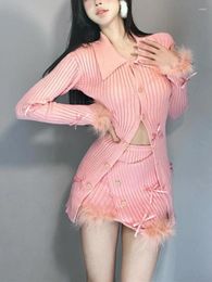 Work Dresses 2023 Elegant Pink Knitted Suit Korea Fashion 2 Piece Skirt Set Slim Casual Blouse Bodycon Y2k Mini Party Clothing
