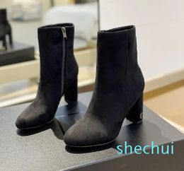 New Designer Women's channellies Leather Shoes Autumn Winter suede Martin Fashion Snow Boots Women Thick high heel 9.5cm Shoes