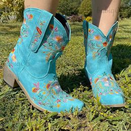 Boots KarinLuna Retro Female Western Boots Wood Sole Spike Heels Pointed Toe Slip-On Floral Flower Ankle Boots Shoes Plus Size 48 T231121