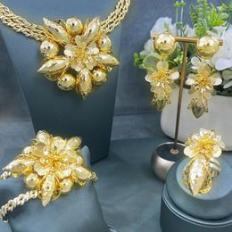 Necklace Earrings Set Flower Beads Shape Jewellery 24k Gold Plated Ring Bracelet Bridal Earring Luxurious Copper Dubai Party Wedding