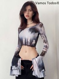 Women's T-Shirt Flare Long Sleeve Summer Tops For Women Y2k Aesthetic Clothes Streetwear O-neck Short Graphic T Shirts See Through Sexy Top 230421