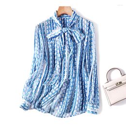 Women's Blouses Satin Printed Shirts Silk Plaid Vintage Loose Spring/Summer V-neck Clothing Long Sleeves Bow Fashion Tops