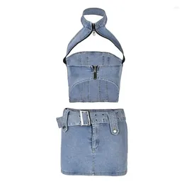 Work Dresses Solid Denim Two Piece Set Women Sexy Halter Crop Top And Belt Mini Skirt Matched Summer 2023 Casual High Street Outfits