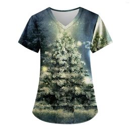 Women's T Shirts Scrub Working Uniform V-neck Christmas Short Sleeve T-shirts 3d Tree Print Workwear With Pockets Ropa De Mujer