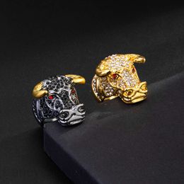 New hip-hop style gold black and white bicolor diamond inlaid men's fashion personality bull head ring jewelry
