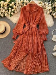 Basic Casual Dresses Spring Autumn Women Vintage Maxi Party Dress Long Sleeve Orange Polka Dot Pleated Evening Black Vestidos Femme Fashion Robe 231121