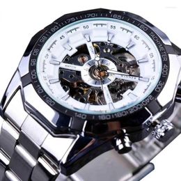 Wristwatches Silver Gear Openwork Steampunk Racing Sport Military Design Mens Automatic Self-wind Mechanical Skeleton Watch