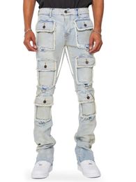 Mens Jeans Heavy Duty Industrial Multi Pocket Tight Slim Fit Elastic Y2k Commodity Pants Street Denim Clothing 231112