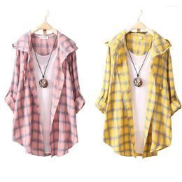 Women's Blouses Fashion Sweat Absorbing Lightweight Sun Protection Casual Loose Plaid Print Beach Cardigan Summer Long Sleeves