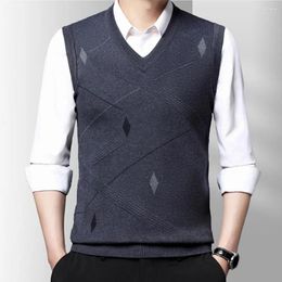 Men's Vests Men Sweater Vest Geometric Print V Neck Sleeveless Warm Knitted Stylish For Fall Winter Autumn