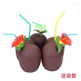 Party Decoration 6Pcs Hawaii Tropical Coconut Drinking Cup Juice Cups With Straws Hawaiian Luau Birthday Summer Beach Pool Decorations