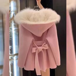 Women s Fur Faux 2023 Autumn And Winter Little Fragrance Style Light Thin Short Small Man Collar Pink Hooded Woollen Coat 231120