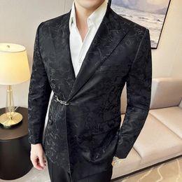 Men's Suits Fashion Gentleman Slim Leather Texture Dark Flower Korean Version Hip Lapel Collar Hosting Travel Casual Wedding Blazer