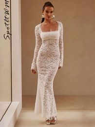 Sexy Lace See Through Slim Dress Women Patchwork Square Neck Long Sleeve High Waist Dresses Elegant Lady Night Party Robes