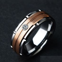Band Rings Fashion Mens Bevelled Steel Rings Rose Gold Colour Brushed Inlay Zircon Ring Wedding Band Jewellery Gift Drop Delivery Dhgarden Otznr