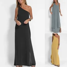 Casual Dresses Vacation Women's Long Dress Solid Single Shoulder Split Fashion Top Sleeveless Bodycon Maxi For Women Clothing