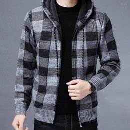 Men's Sweaters Zipper Closure Men Jacket Knitted Stylish Plaid Print Hooded Warm Casual Coat With For Fall