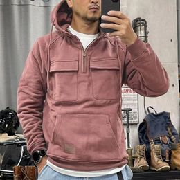 Men's Hoodies Loose Hoodie With Drawstring Big Patch Pocket Half Zipper Fall/winter Pullover Top