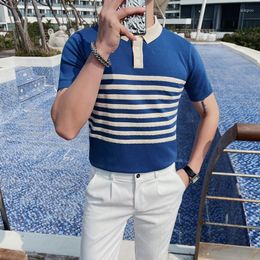 Men's Polos Premium Ice Silk Knitted Polo Shirt Men's Short Sleeve Summer Luxury Fashion Korean Version Handsome Contrast Stripe T-shirt