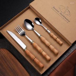 Dinnerware Sets 4PCS Stainless Steel Tableware Set Wood Handle Knife Fork Spoon Teaspoon Cutlery Flatware