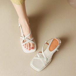 Sandals Woman 2023 Summer Genuine Leather Open-Toe Thick High Heels Buckle Casual Brand Hollow Shoes For Ladies Sandalias