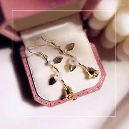 Dangle Earrings Drop For Women 925 Original Vintage Fine Jewellery Hand-made 14K Flower Imitation Pearls Earring